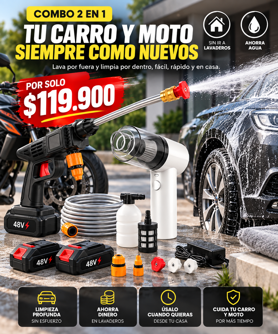 COMBO: HIDROLAVADORA DE ALTA POTENCIA + ASPIRADORA 2 EN 1 🔥PORTÁTILES