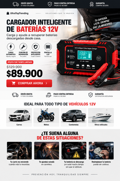 CARGADOR Y REPARADOR INTELIGENTE DE BATERIAS PARA CARRO Y MOTO ™