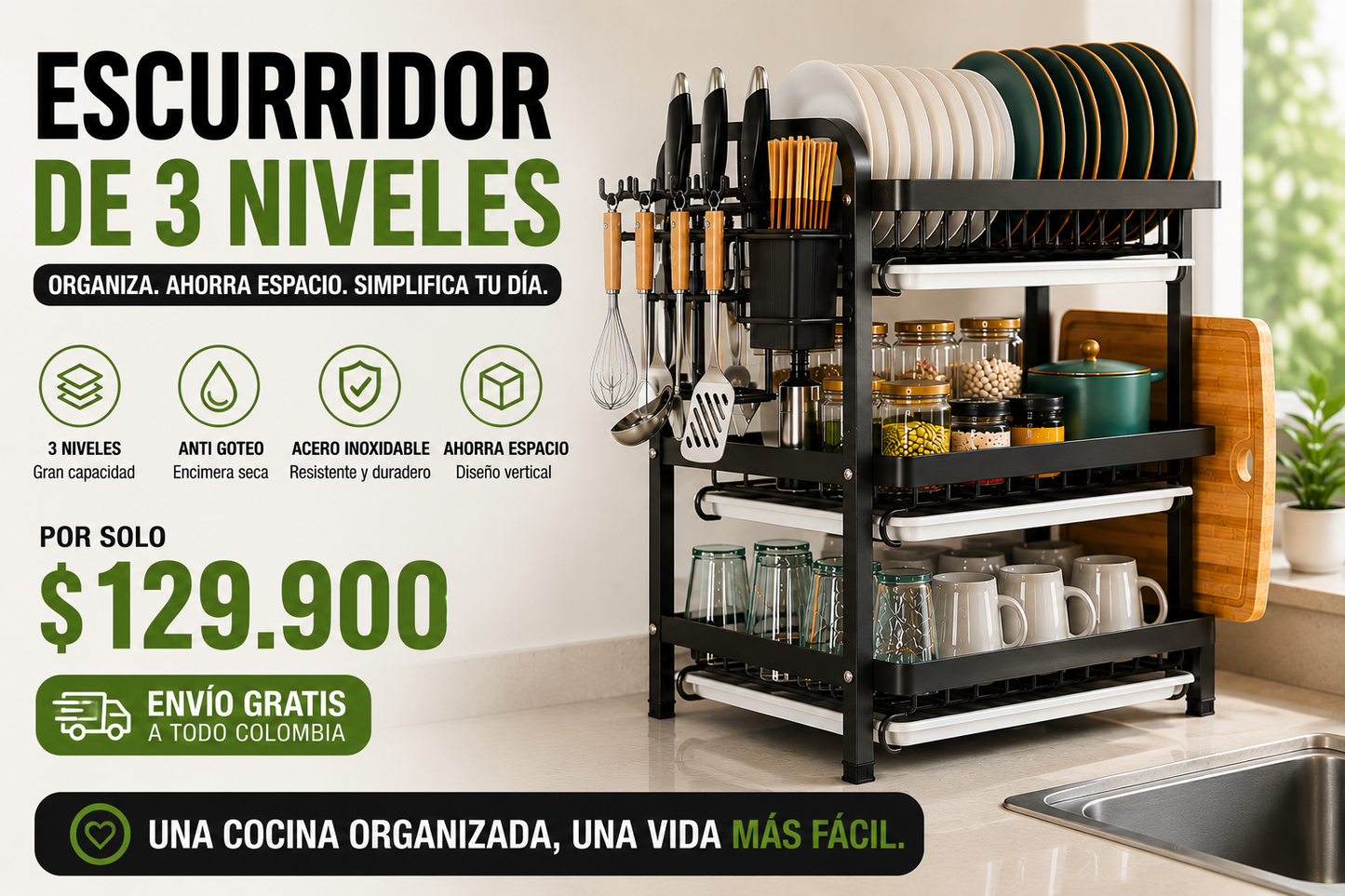 Escurridor de Platos 3 niveles inoxidable