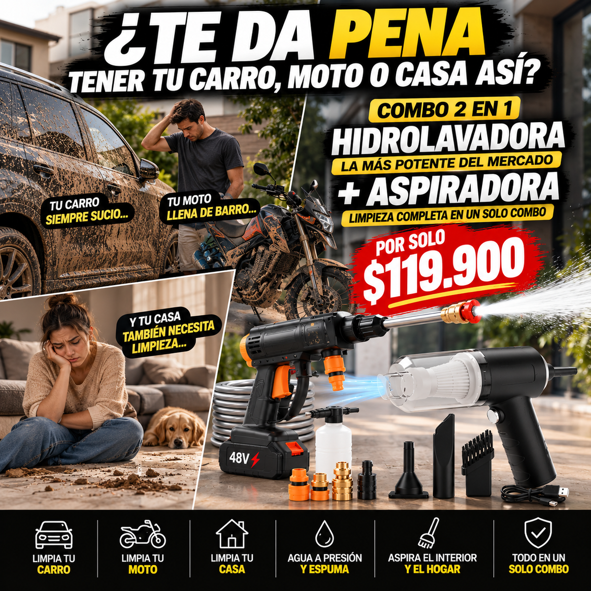 COMBO: HIDROLAVADORA DE ALTA POTENCIA + ASPIRADORA 2 EN 1 🔥PORTÁTILES